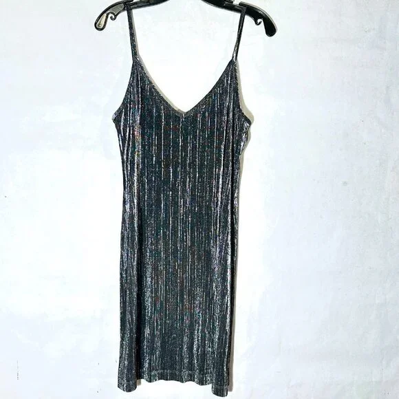 Mikai Size Large Slip Dress Charcoal Gray Black Metallic Shimmer Sexy Slinky - Picture 3 of 7